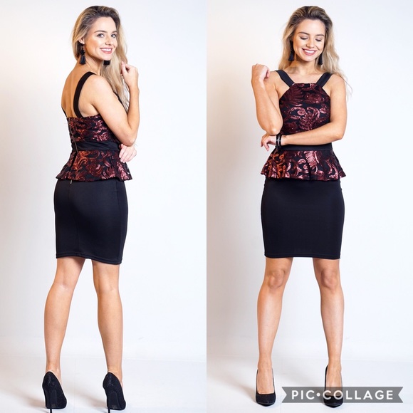 Wine Sequin Peplum Dress - Picture 1 of 8